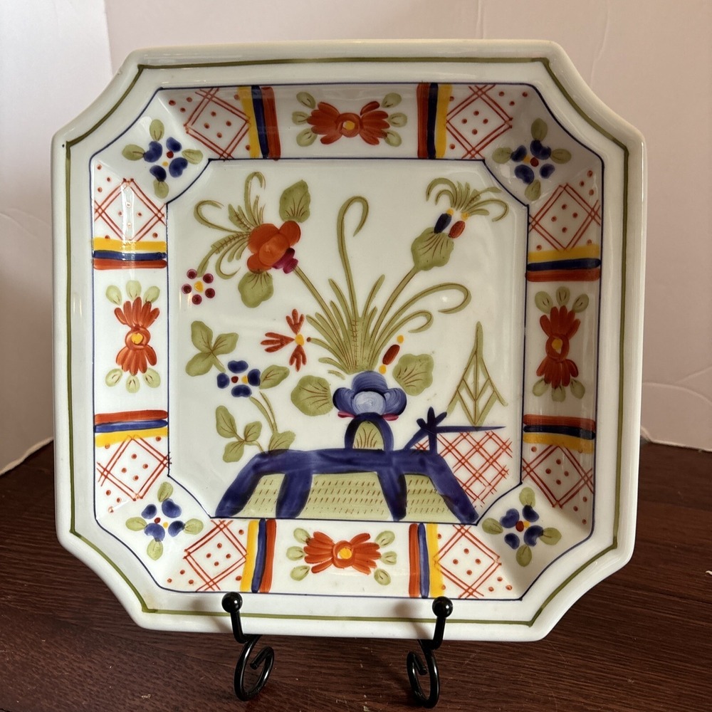 Square Decorative Plate Andrea by Sadek Colorful Floral‎ w/ Hanger 8600 Japan 8"